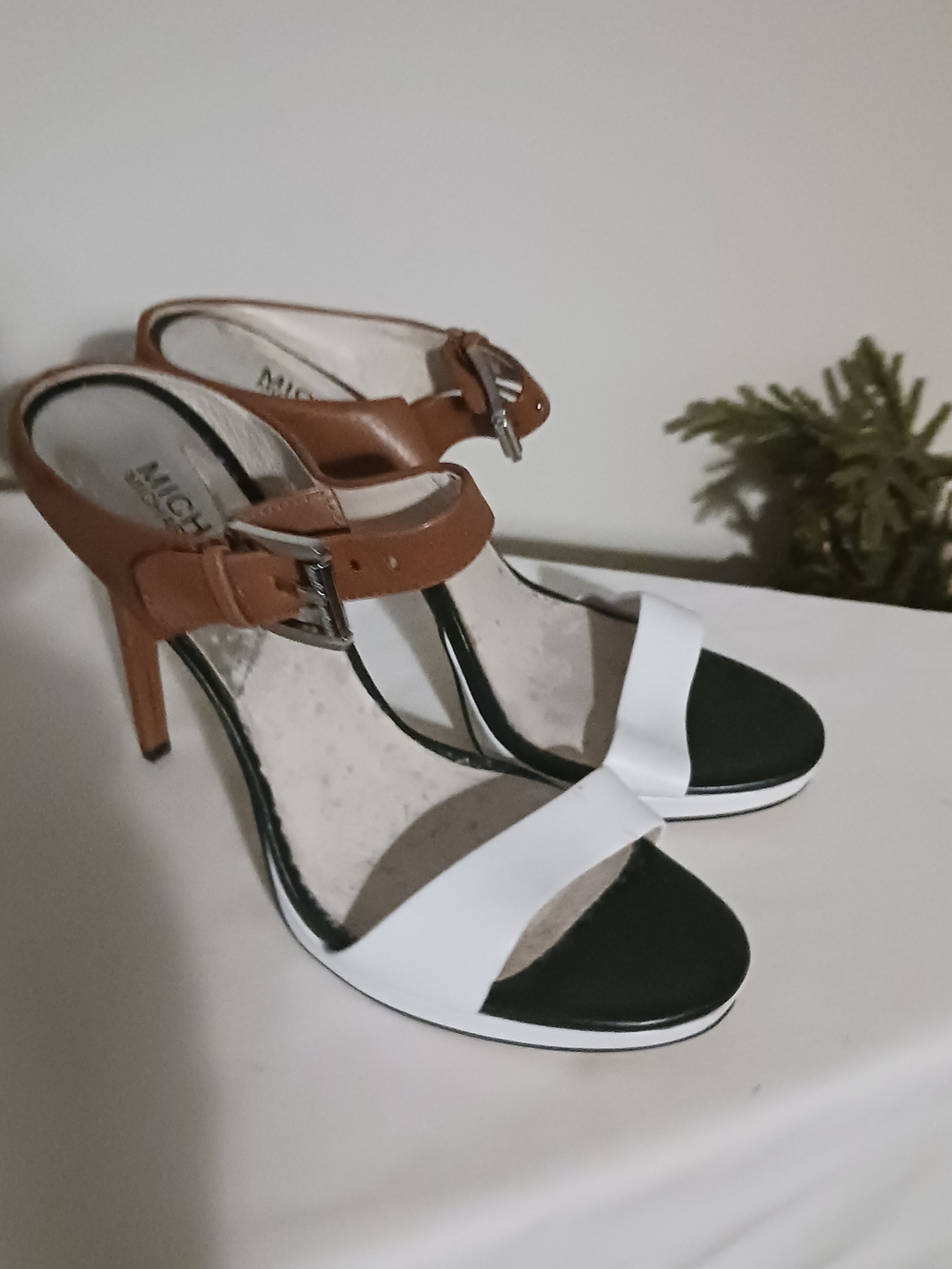 Michael Kors Brown and White Leather Ankle-Strap Heels